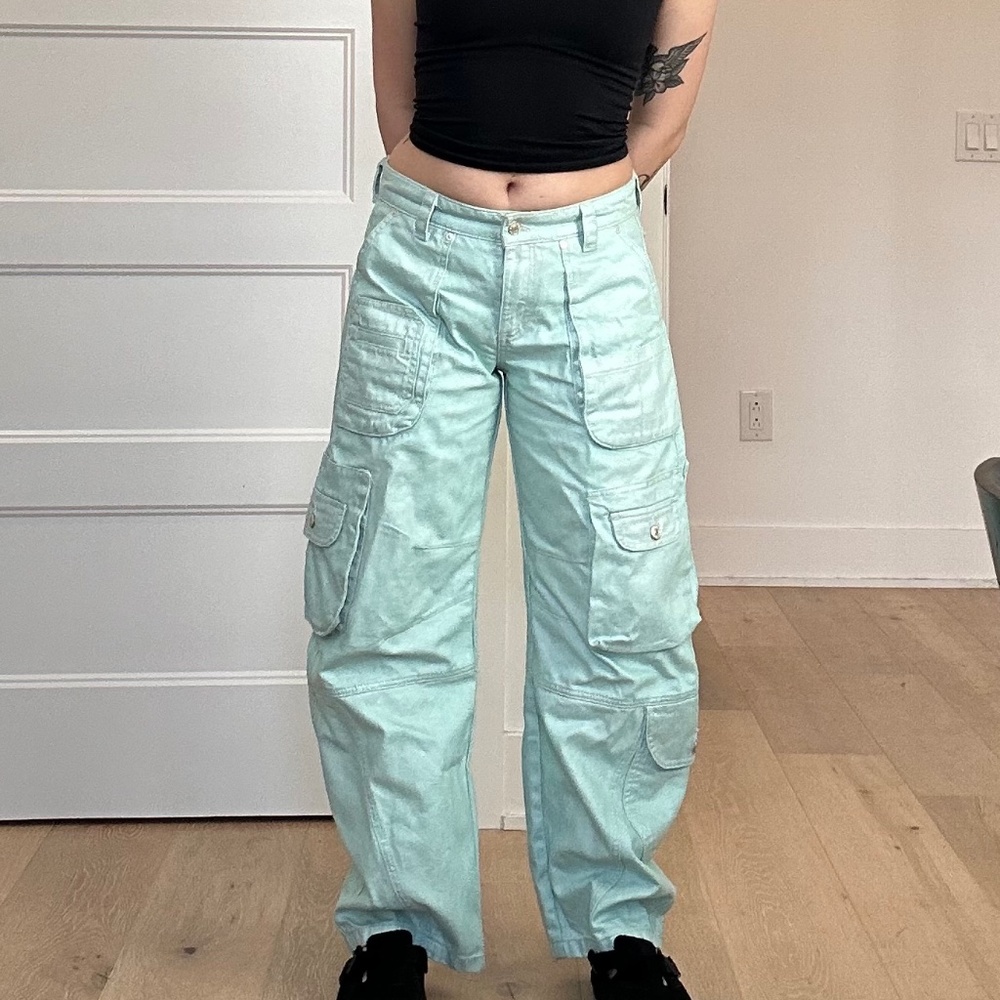 Free People Metallic Teal Sparkly Barrel Cargo Jeans Size 26